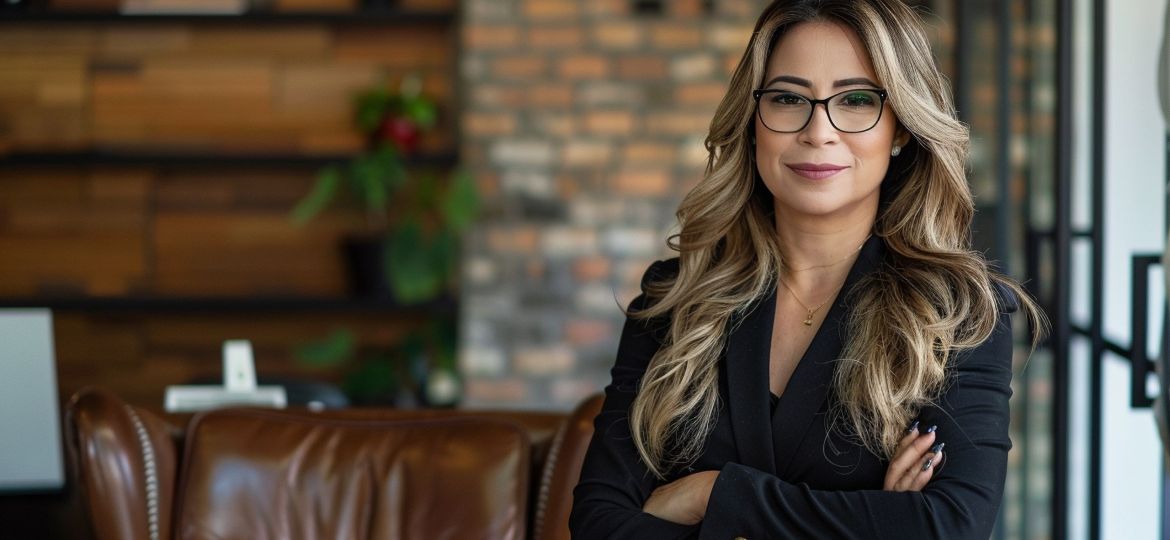 woman-stands-front-leather-sofa