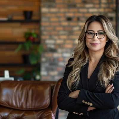 woman-stands-front-leather-sofa